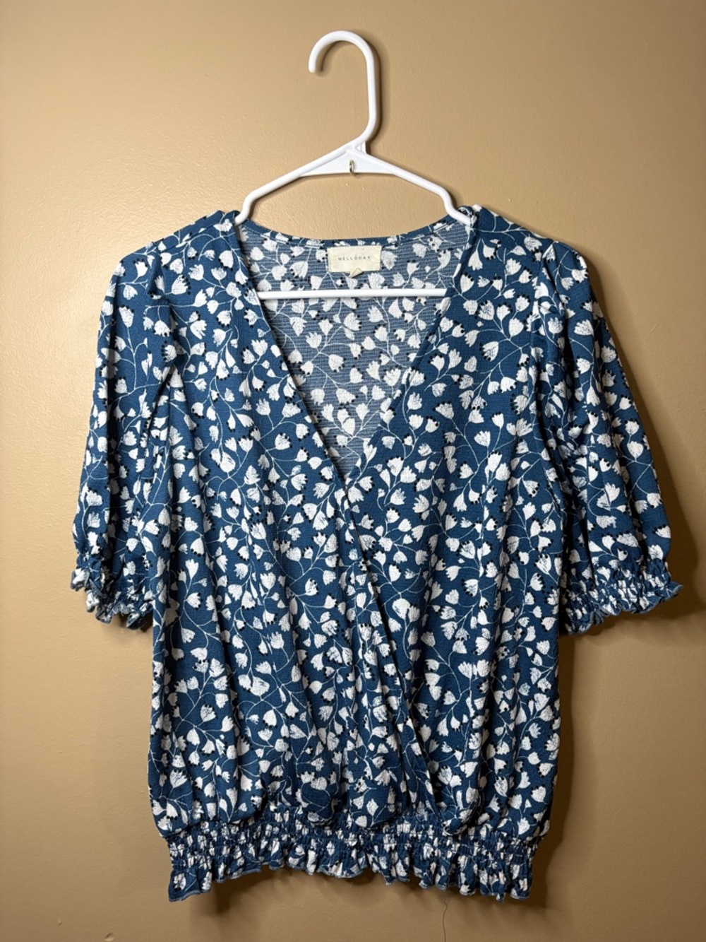 MELLODAY Blue Floral Wrap-Style Blouse